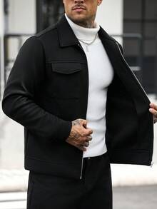 Manfinity CasualCool 男士純色拉鍊休閒日常長袖羊毛外套 - 黑色 - 查看 7