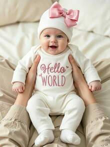 SHEIN 2件組新生女嬰攝影套裝 白色秋季 Hello World 刺繡連身褲 & 蝴蝶結帽子 趣味圖案拍照公主風套組 - 白色 - 查看 3