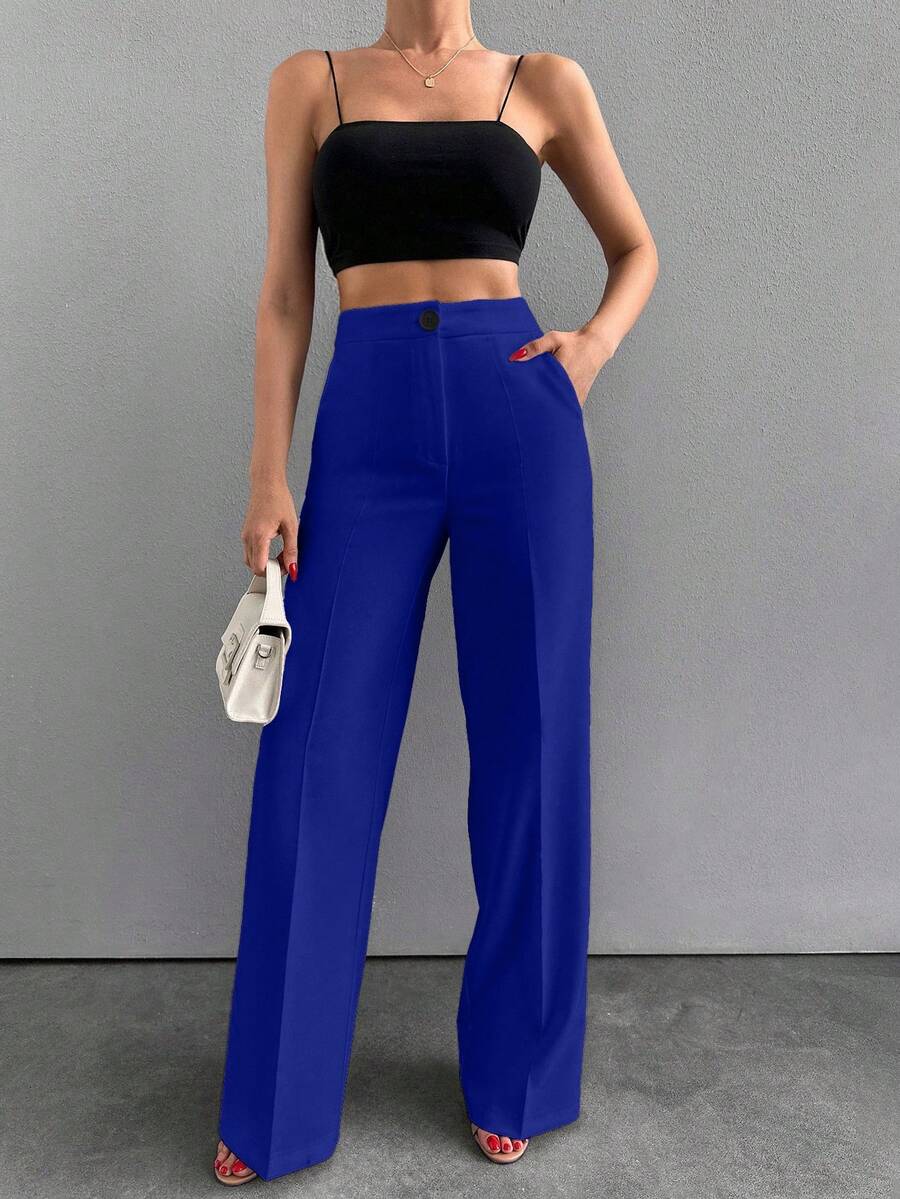 SHEIN Cottnline 女士纯色高腰口袋牙签条纹设计宽松休闲阔腿裤 - 藏蓝色 - 查看 1