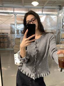 DAZY Women's Solid Color Loose Short Long Sleeve Ruched Ruffle Hem Casual Vacation Streetwear Spring Autumn Knit Cardigan - Grey - View 6