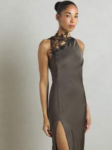 KSTM Satin Maxi Dress With Black Floral Lace Applique Neckline Sleeveless Bodycon Front Slit Evening Gown - Grey - View 3