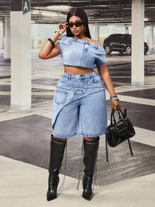 Slaydiva Celana Pendek Denim Wanita Ukuran Besar Pinggang Tinggi Longgar Asimetris Motif Patchwork - Biru - View 8