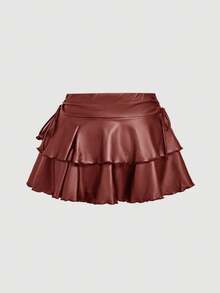 SHEIN MOD 大尺碼女款純色PU皮革時尚百搭迷你裙 秋季 - 紅色 - 查看 2