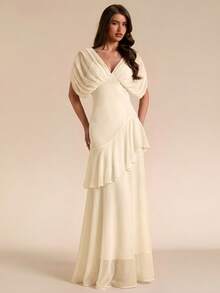 SHEIN BAE Gaun Maxi Chiffon Elegan Wanita Warna Cokelat Polos, Leher V Dalam, dan Hem Berumbai Transparan, Cocok untuk Musim Semi/Panas - Aprikot - View 6