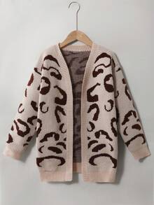 Girls' Fuchsia Fashion Casual Leopard Print Long Cardigan, Autumn/Winter - Multicolor - View 1