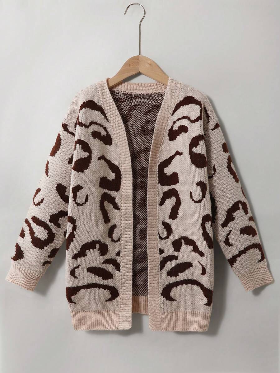 Girls' Fuchsia Fashion Casual Leopard Print Long Cardigan, Autumn/Winter - Multicolor - View 1