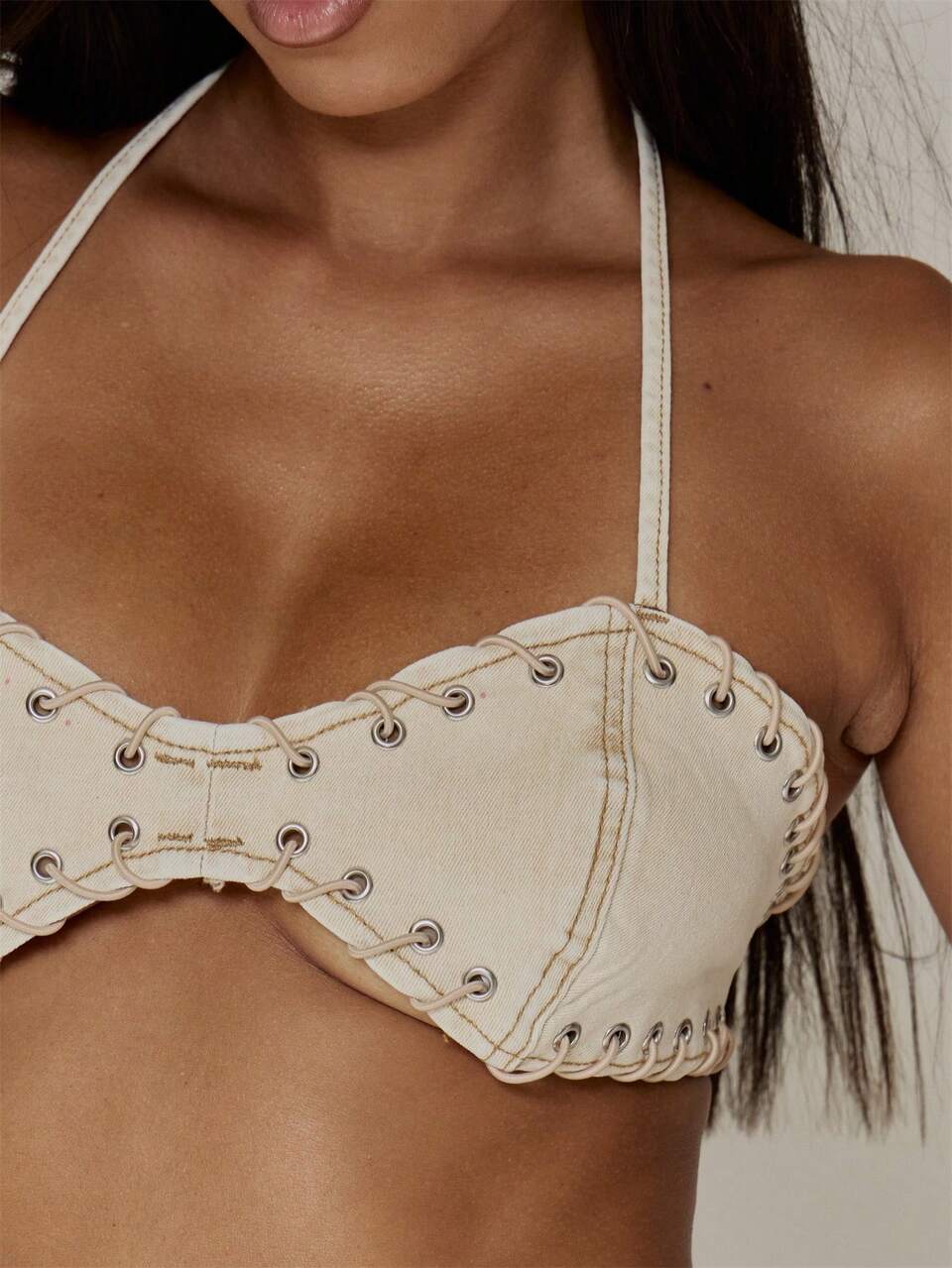 Washed Eyelet Denim Bralet Top Only Sexy Summer Spring Rave Festival Holiday Rave