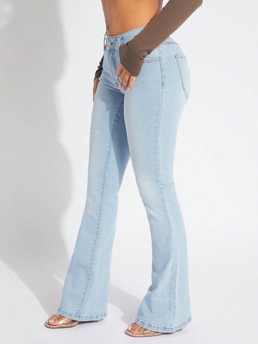 SHEIN SXY 拉鏈門襟牛仔喇叭褲 - 淺色水洗藍 - 查看 1