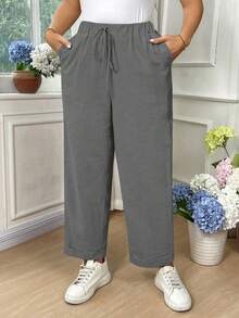 EMERY ROSE Plus Size Women Cotton Solid Color Drawstring Waist Pockets Loose Pants Fall - Light Grey - View 6