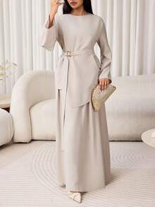 Veilorie Women's Solid Color Round Neck Long Sleeve Shirt And Skirt Casual 2-Piece Set - Grey - View 5