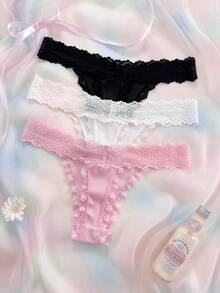 Eraneu 3 peças/Conjunto Calcinha Tanga Sexy Confortável Charmosa Colorida com Renda, Patchwork e Laço para Meninas - Multicolorido - Visão 2