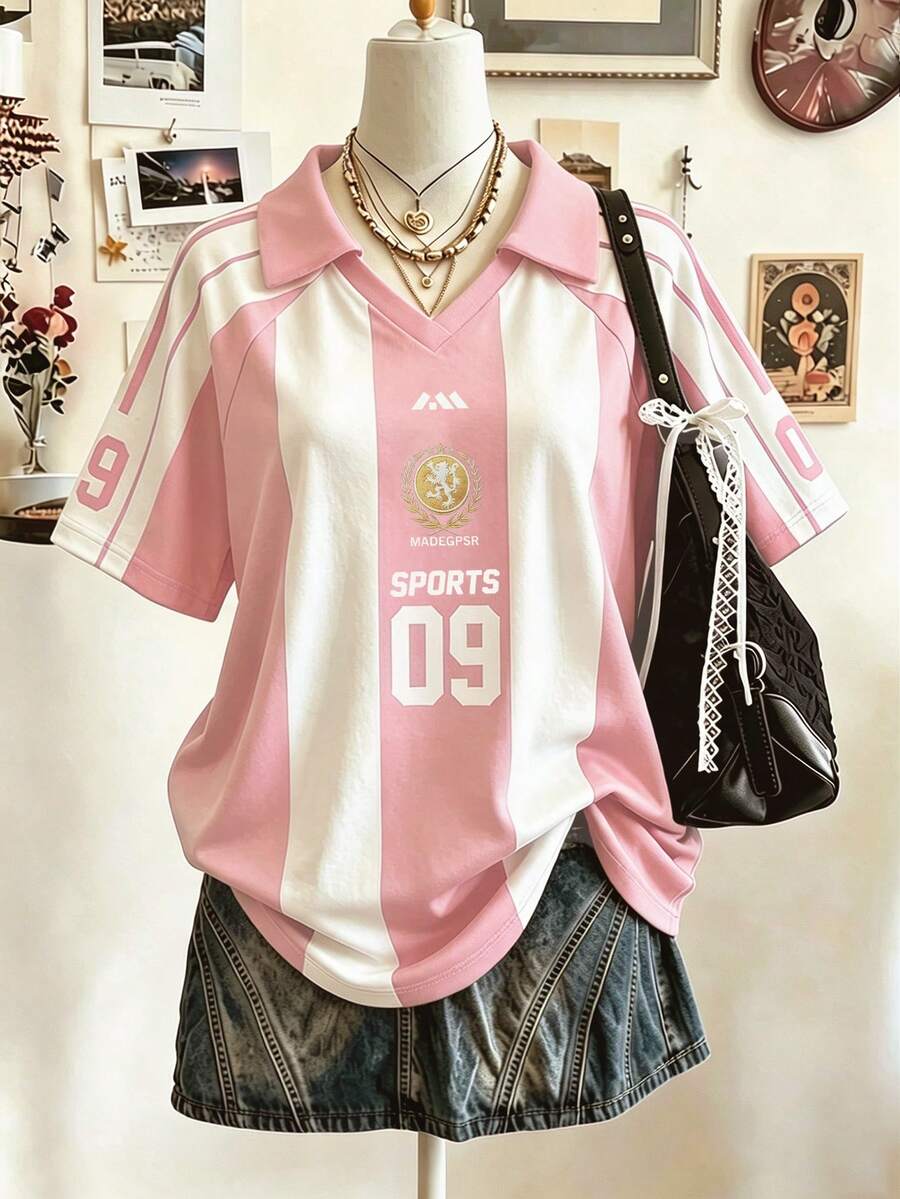 Lalippa 運動風條紋數位印花時尚簡約女款翻領V領落肩短袖T恤,送給朋友的禮物 - 彩色 - 查看 1