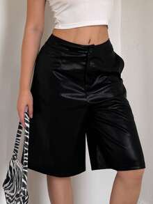 DAZY Women's High Waist Black PU Leather Shorts, Loose Casual Streetwear Commuter Office Pants, Autumn - Black - View 12