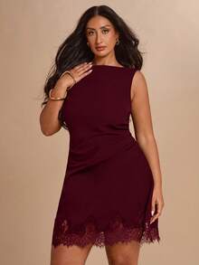SHEIN BAE CURVE 大尺碼女款黑色蕾絲拼接無袖洋裝 - 紫紅色 - 查看 6