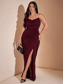SHEIN BAE CURVE 大尺碼女款黑色長版優雅開衩洋裝 - 酒紅色 - 查看 1