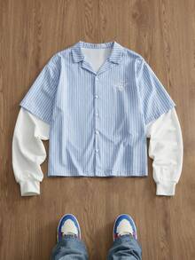 SWAVVY Camisa 2 en 1 para hombre con bordado, versátil, de un solo pecho, a rayas y con contraste de color - Azul - Ver 1