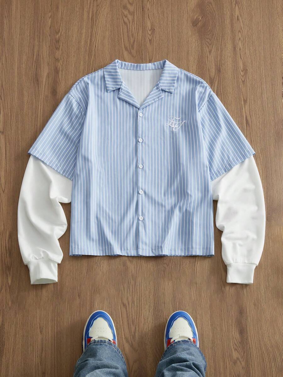 SWAVVY Camisa 2 en 1 para hombre con bordado, versátil, de un solo pecho, a rayas y con contraste de color - Azul - Ver 1