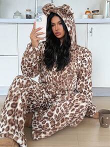 ZzzCrew Women's Double-Sided Arctic Print Apricot Leopard Pattern Hooded Pajama Set - Apricot - View 6