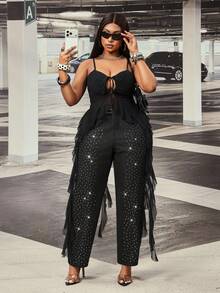 Slaydiva Celana Jeans Hitam Non-Stretch Berhiaskan Rhinestone untuk Wanita Ukuran Plus (Model Cowgirl) - Hitam - View 6