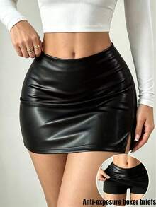 SHEIN SXY 休閒性感浪漫 PU 黑色彈性布料開衩大尺碼裙，派對、音樂節適用 - 黑色 - 查看 6