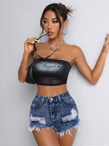 SHEIN PETITE Summer Distressed Raw Hem Denim Shorts ,Petite Women - Dark Wash - View 3