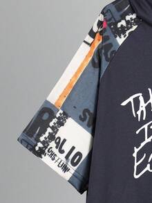 SHEIN Vacaura Tween Boy Letter Graphic Raglan Sleeve Hoodie & Shorts - Navy Blue - View 5