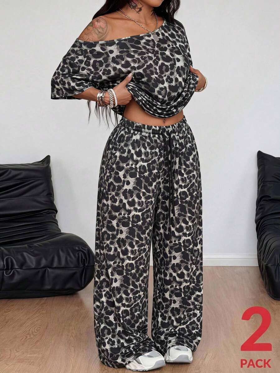 Coolane Women's Plus Size Summer Fall Streetwear Basic Daily Wear Going Out Sport Comfy Off Shoulder Leopard T-Shirt And Wide Leg Sweatpants Two Pieces