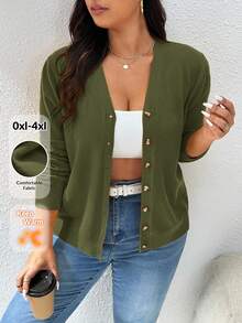 CosyJoli Women's Plus Size Solid Color Basic Cardigan, Casual Loose Button-Up Long Sleeve Top In Fall/Winter - Green - View 1