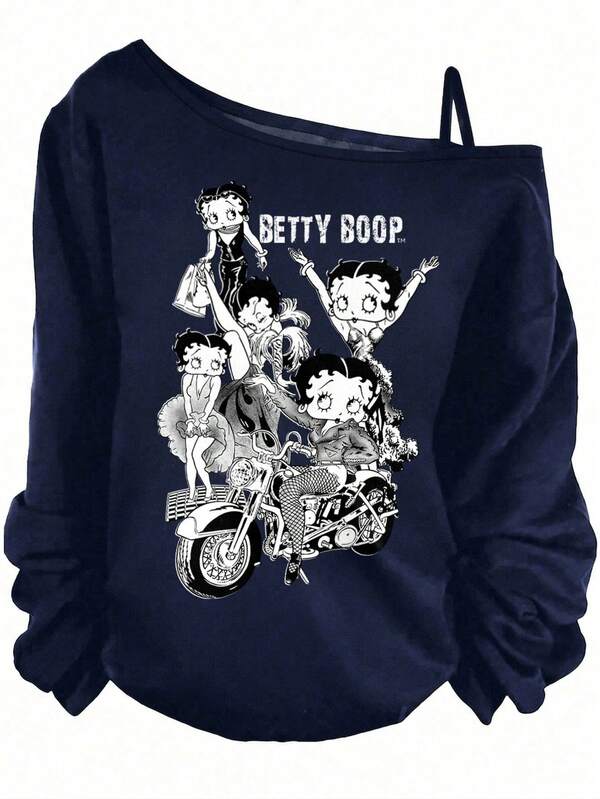 Slaydiva Betty Boop x SHEIN Plus Size Women's Cartoon Print One Shoulder Strap T-Shirt, Suitable For Autumn/Winter