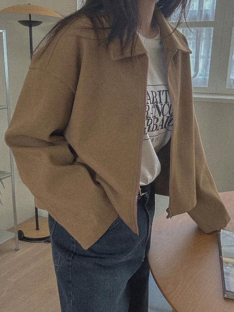 DAZY 女款純色拉鍊寬鬆翻領長袖休閒正式度假春秋款常規羊毛夾克 - 棕色 - 查看 4