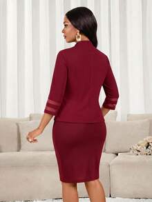 SHEIN Lady Setelan Jas Kasual Elegan Wanita Ukuran Besar Warna Polos Lengan Panjang dengan Bukaan Depan, Jaket dan Rok, untuk Kantor, Bisnis, Formal, Warna Merah, Musim Panas - Merah - View 2