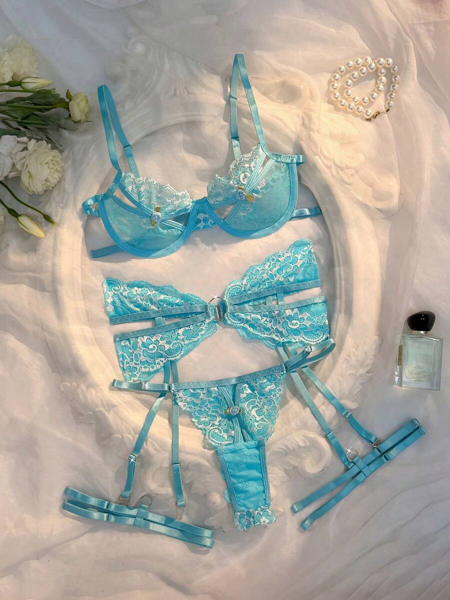 Seduluxe 4pcs Women's Sexy Lace Patchwork Lingerie Set - Baby Blue - View 1