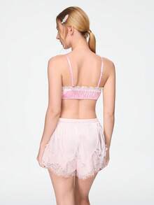 Bonmuse Sujetador de lencería para mujer rosa de satén estilo kawaii lindo coquette babydoll lolita con patchwork de encaje y patchwork 3D romántico - Rosa - Ver 2