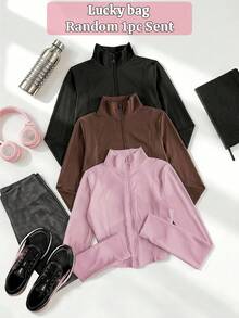 SHEIN Teen Girl Solid Color 3D Bone Line Stand Collar Zipper Front Slim Fit Long Sleeve Jacket,Random 1pc Sent - Pink - View 9