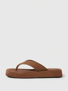 HighSole 春夏新款寬版設計露趾厚底增高極簡風涼鞋 - 牛仔棕 - 查看 2