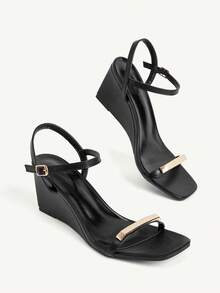 CUCCOO CHICEST Black Metal Square Buckle Wedge Sandals Women, Square Toe Open Toe Ankle Buckle Summer Commuter Shoes - Black - View 4