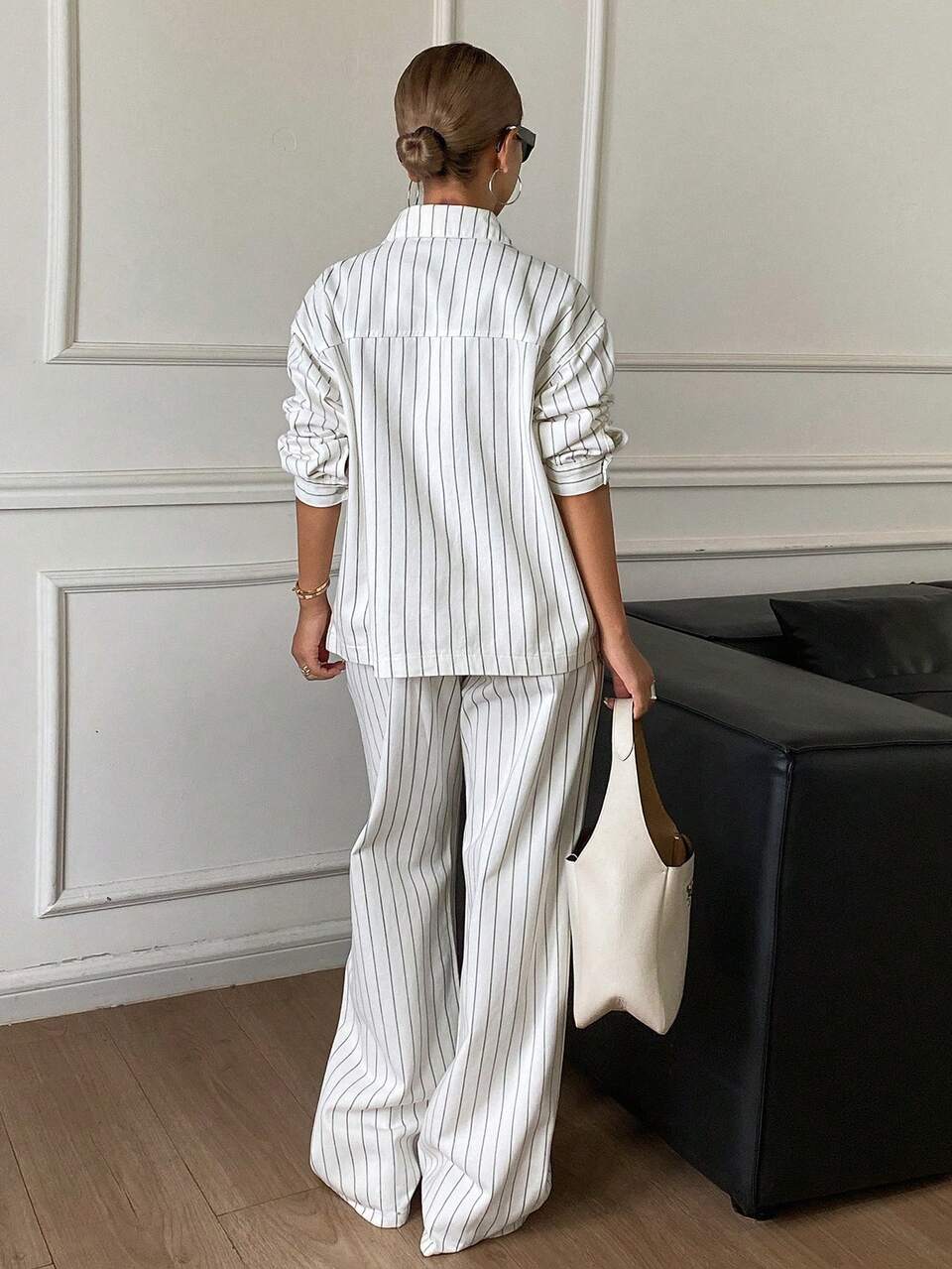 Women's Autumn Black & White Striped Patchwork Denim Jacket Shirt Wide Leg Suit Pants Casual Street Commute Office Denim Set