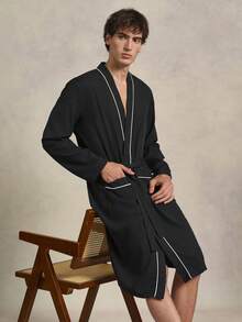 EverLounge Bata con cinturón, parche con letra y ribete de contraste para hombres, otoño e invierno - Negro - Ver 5