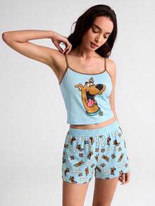 SCOOBY-DOO X SHEIN 女款卡通印花細肩帶上衣與鬆緊腰短褲睡衣套裝 - 藍色 - 查看 6