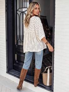 LanaWest Women's Casual Western Vacation Digital Ditsy Floral Light Apricot V-Neck Batwing Sleeve Lace Patchwork Loose Fit T-Shirt - Apricot - View 2