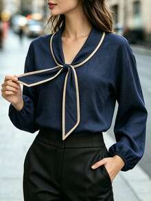 SHEIN Women Contrast Piping Tie Neck Blouse, Long Sleeve Elastic Cuff Loose Fit Shirt, Navy Blue Lightweight Casual Elegant Daily Office Ladies Top - Navy Blue - View 4
