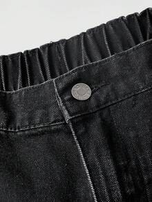ROMWE Grunge Punk Vintage Street Style Plus Size Denim Wide Leg Capri Pants With Totem Print Loose Straight Leg Casual Versatile Jeans - Black - View 3