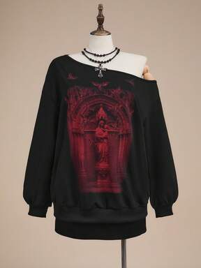 Street Life Halloween Church Pattern Asymmetrical Shoulder Plus Size Sweatshirt