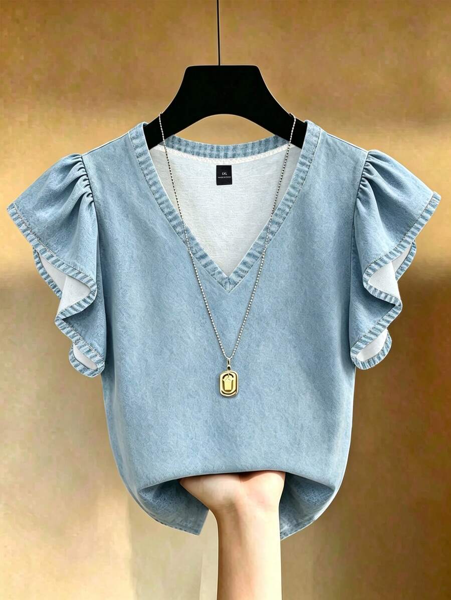EMERY ROSE Plus Size French Elegant V-Neck Black & White Contrast Ruffle Trim Short Sleeve T-Shirt, Slim Fit Co - Multicolor - View 1