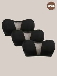 Barelissa 3pcs Bra Tanpa Tali Warna Hitam dengan Motif Jala dan Patchwork untuk Wanita - Hitam - View 3