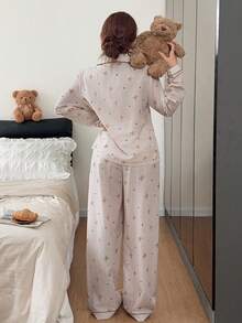 Napfluff Bubble Crinkle Plaid Bear Print Cardigan Collar Pajama Set - Khaki - View 2