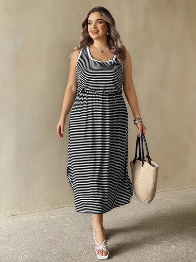 SHEIN CURVE+ Plus Size Women's Round Neck Sleeveless Midi Dress, Plus Size Casual Striped Cinched Waist Curved Hem Casual Dress, Large Neckline Lace Trim Design, Suitable For Casual Vacation, Suitable For Autumn/Winter