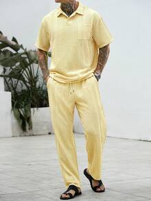 Manfinity CasualCool 男士 Polo 衫與長褲成熟休閒時尚套裝 - 黃色 - 查看 3