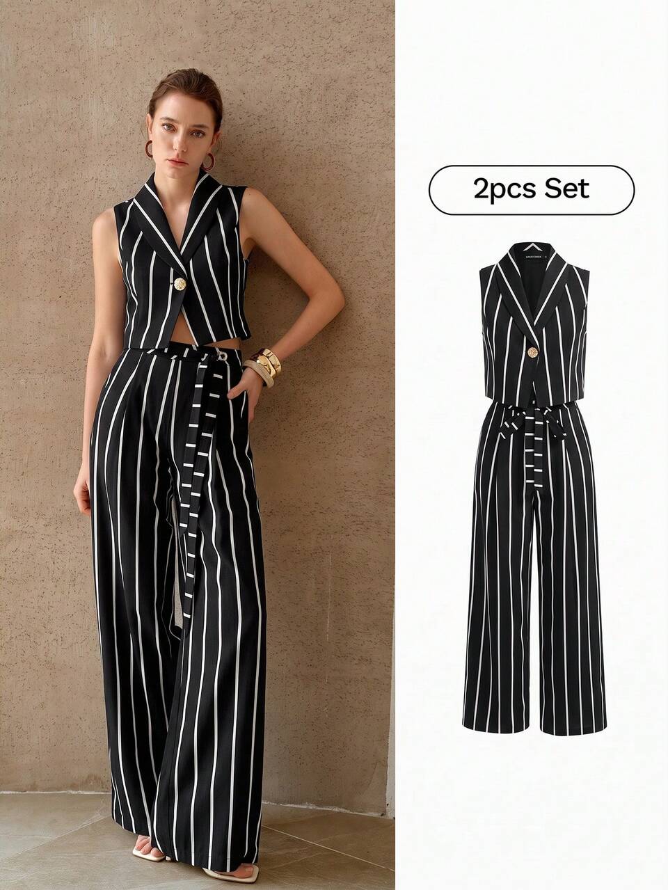 MOTF CONTRAST STRIPED SHAWL COLLAR SLEEVELESS VEST AND WIDE LEG PANTS SET