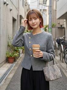 Firerie Women's Deep Floral V-Neck Metal Button Front Long Sleeve Sweater Top, Everyday Commuter Knitwear, New Arrival For Spring, Autumn & Winter,Fall - Dark Grey - View 2